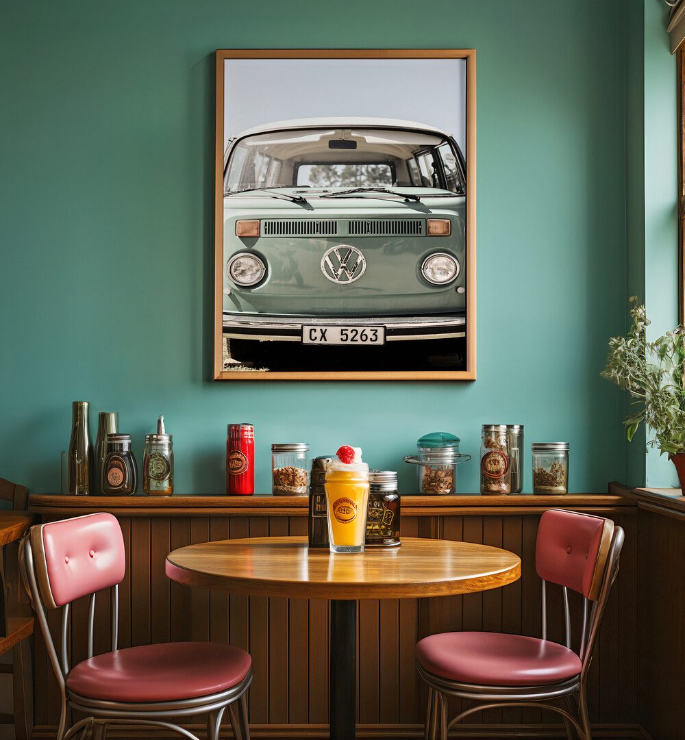 VW KOMBI, CAR POSTERS showcase a vintage Volkswagen Kombi wall art print, perfect for automotive enthusiasts.