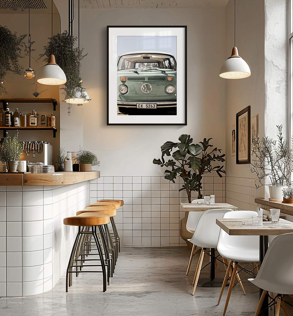 VW KOMBI, CAR POSTERS showcase a vintage green Kombi van, perfect for automotive enthusiasts and stylish decor.