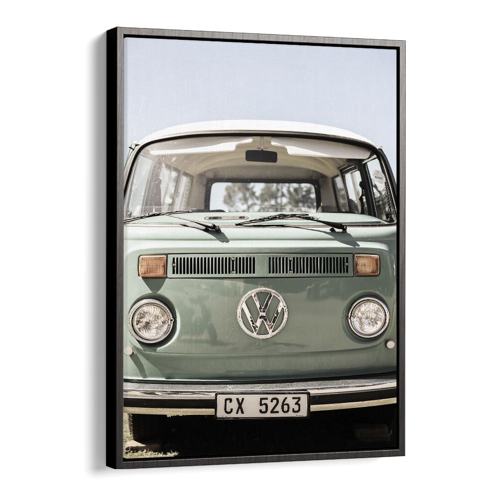 VW KOMBI, CAR POSTERS showcasing a vintage Volkswagen Kombi in a sleek black floater frame, perfect for classic car lovers.