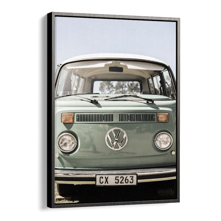 VW KOMBI, CAR POSTERS showcasing a vintage Volkswagen Kombi in a sleek black floater frame, perfect for classic car lovers.