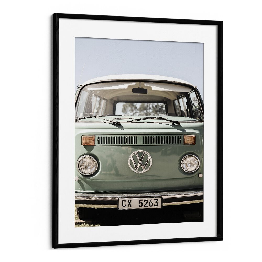 VW KOMBI, CAR POSTERS showcase a vintage Volkswagen Kombi in a stylish black frame, perfect for car enthusiasts.