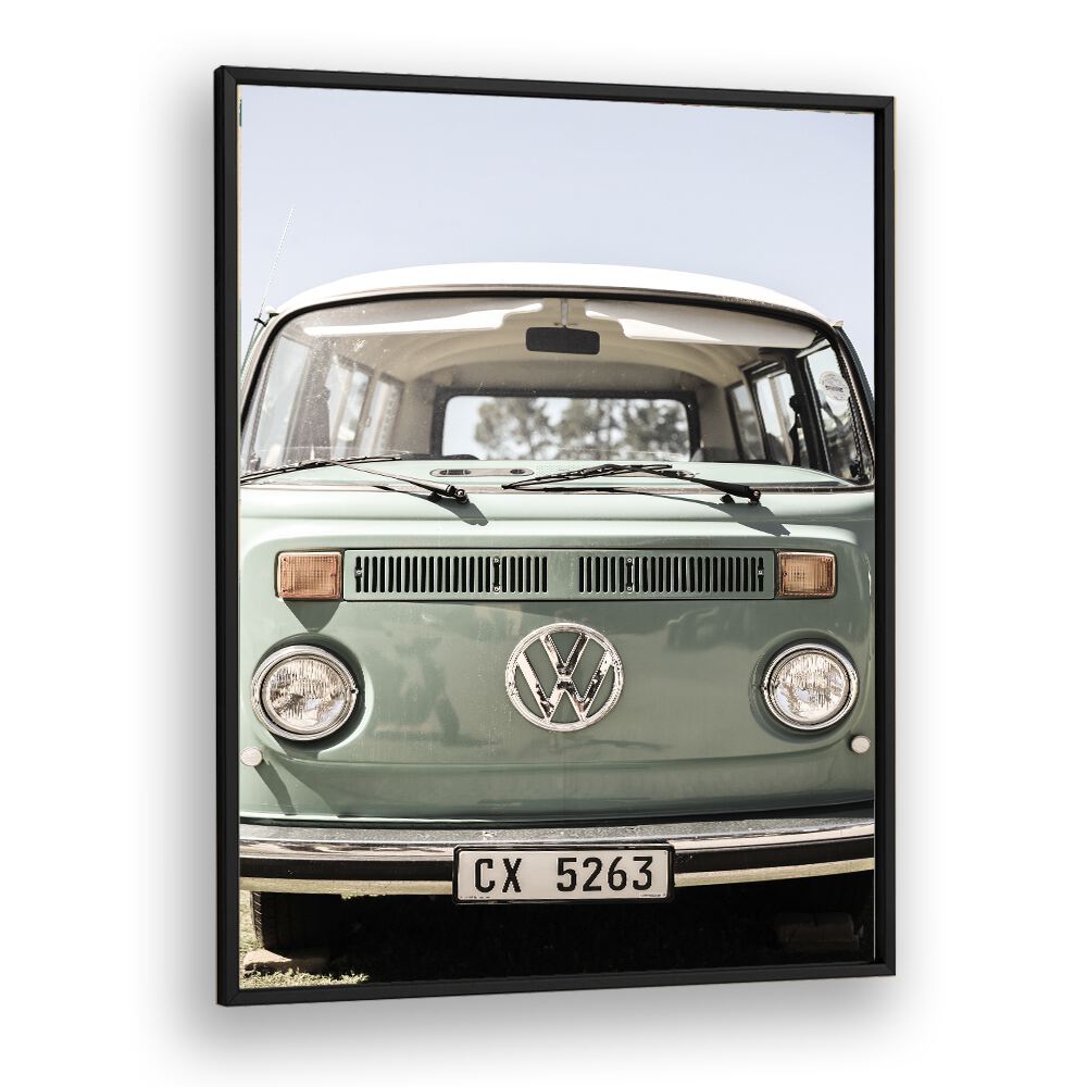 VW KOMBI, CAR POSTERS showcase a vintage green Kombi van, perfect for classic automotive art enthusiasts.