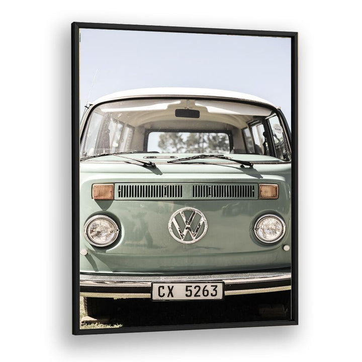 VW KOMBI, CAR POSTERS showcase a vintage green Kombi van, perfect for classic automotive art enthusiasts.