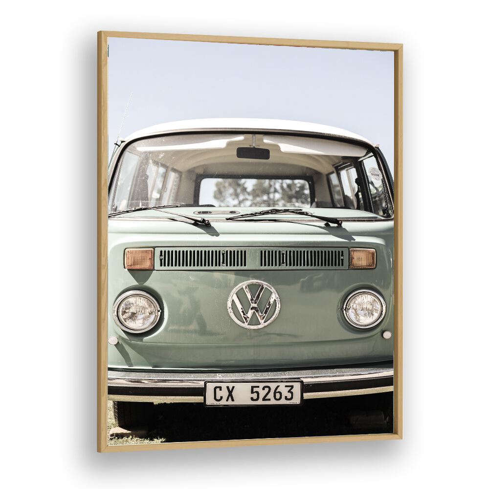 VW KOMBI, CAR POSTERS showcase a vintage Kombi van framed elegantly, perfect for automotive art lovers.
