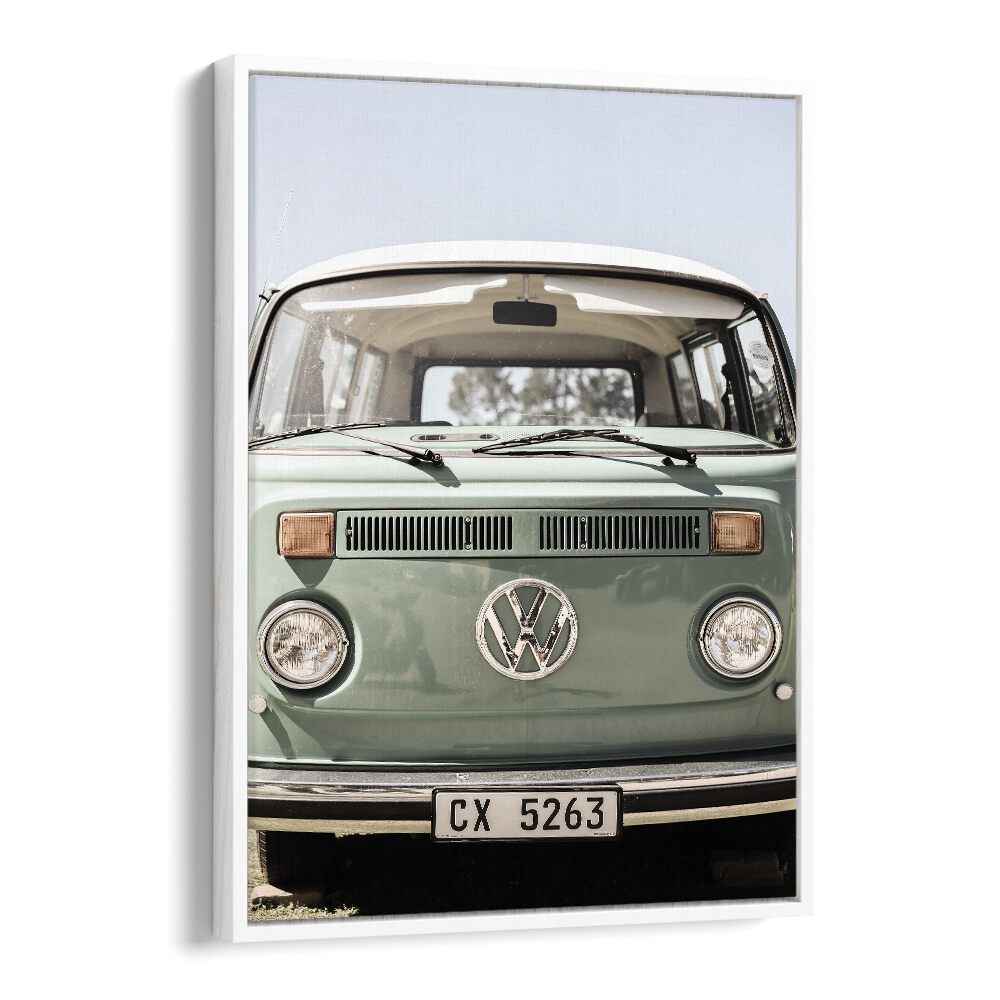 Classic VW Kombi wall art in a white floater frame, perfect for car enthusiasts. Explore our VW KOMBI, CAR POSTERS!