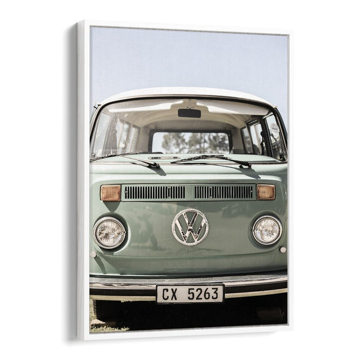 Classic VW Kombi wall art in a white floater frame, perfect for car enthusiasts. Explore our VW KOMBI, CAR POSTERS!
