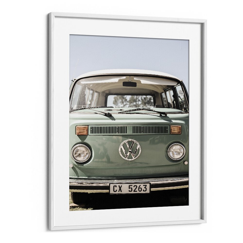 VW KOMBI, CAR POSTERS featuring a framed vintage Volkswagen Kombi van, perfect for car enthusiasts and decor lovers.