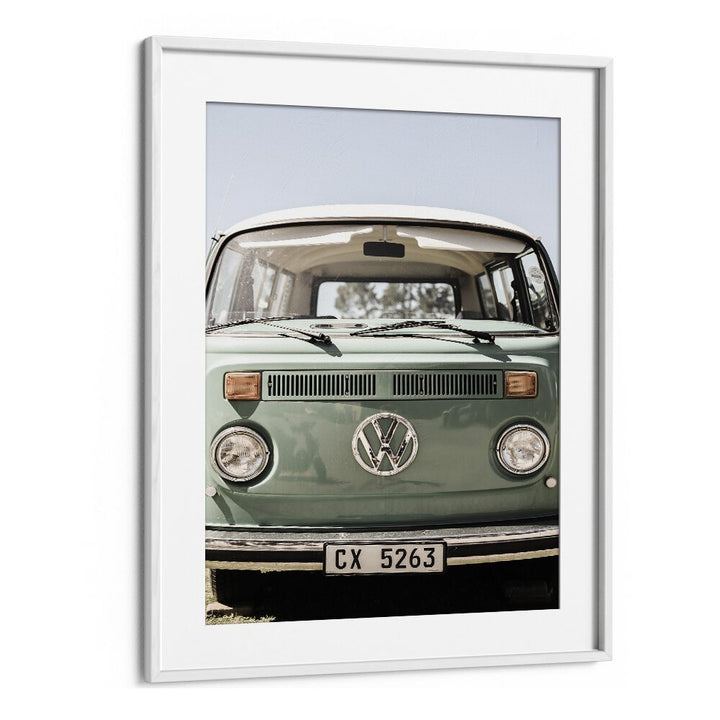 VW KOMBI, CAR POSTERS featuring a framed vintage Volkswagen Kombi van, perfect for car enthusiasts and decor lovers.