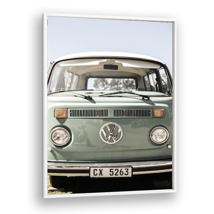 VW KOMBI, CAR POSTERS showcase a vintage Volkswagen Kombi van in a stylish white frame, perfect for automotive enthusiasts.