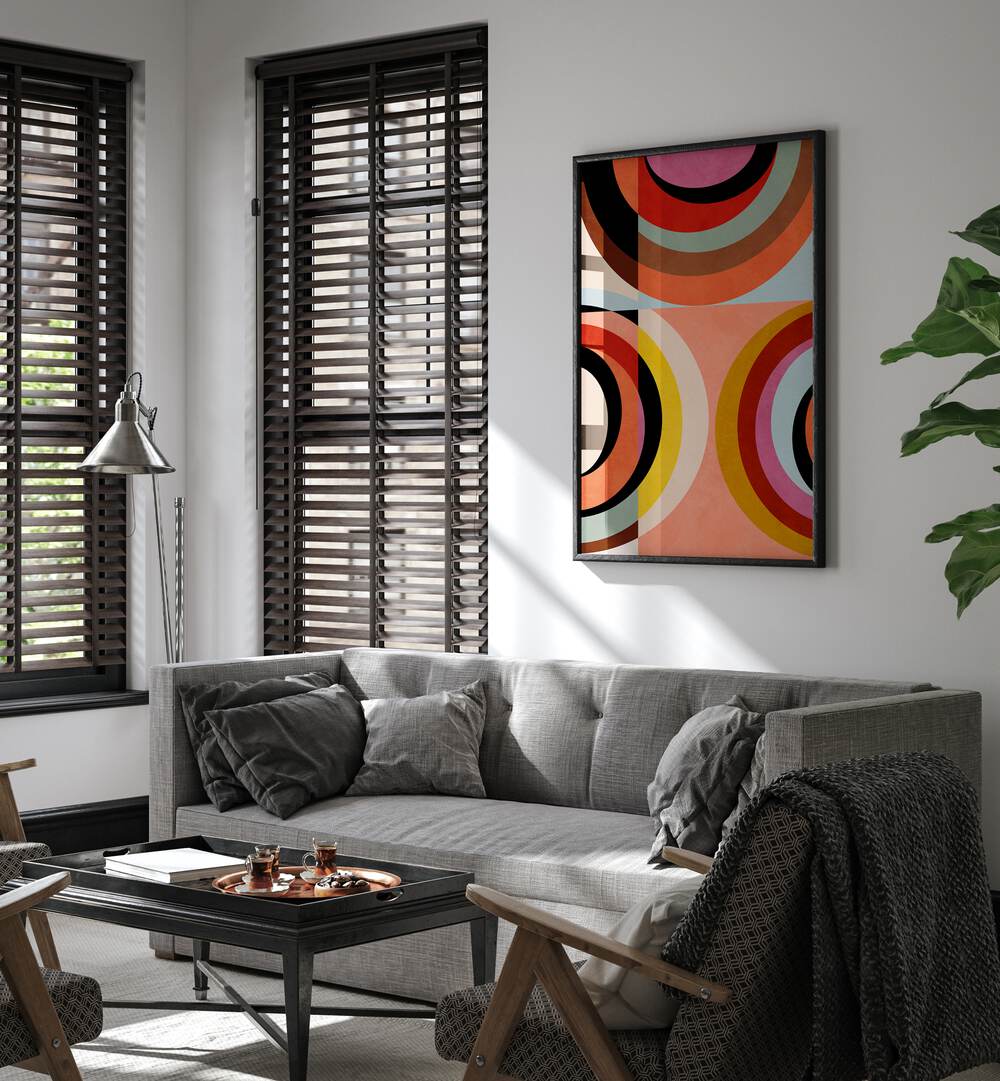 Warm Colors Bauhaus Geometry III, abstract paintings enhancing modern spaces with vibrant geometric designs.