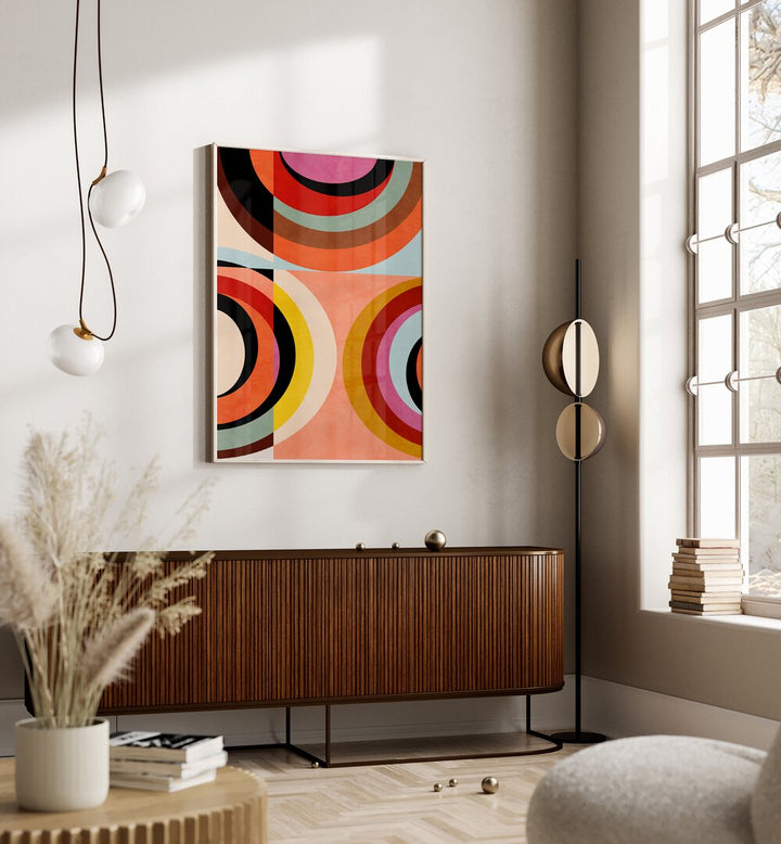 Vibrant WARM COLORS BAUHAUS GEOMETRY III, ABSTRACT PAINTINGS by Ana Rut Bre enhance modern home decor beautifully.