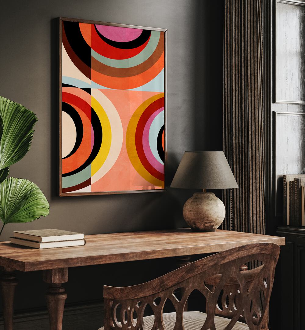 Colorful abstract painting titled "WARM COLORS BAUHAUS GEOMETRY III," enhancing modern interiors with vibrant design.