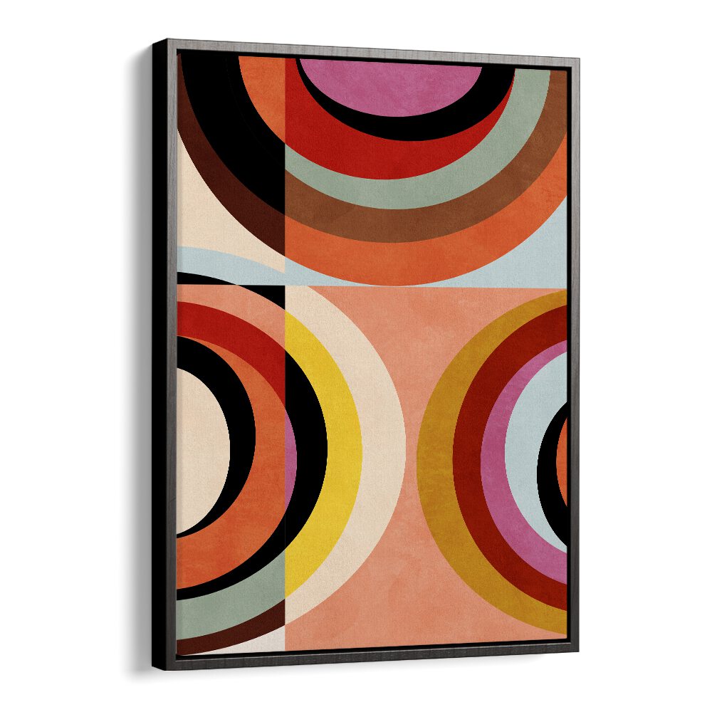 Warm Colors Bauhaus Geometry III, abstract paintings by Ana Rut Bre, showcase vibrant circular patterns in a modern frame.