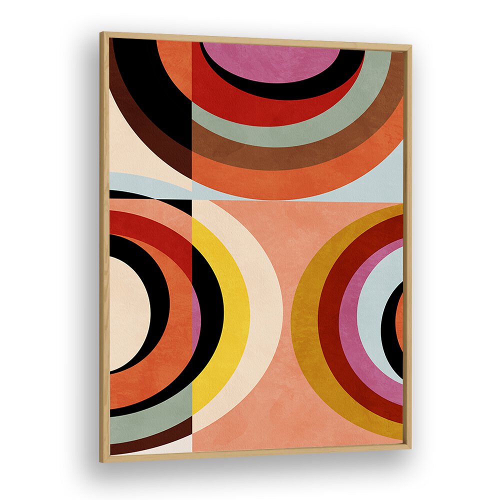 Warm Colors Bauhaus Geometry III, abstract paintings by Ana Rut Bre, showcases vibrant circles in a modern frame.