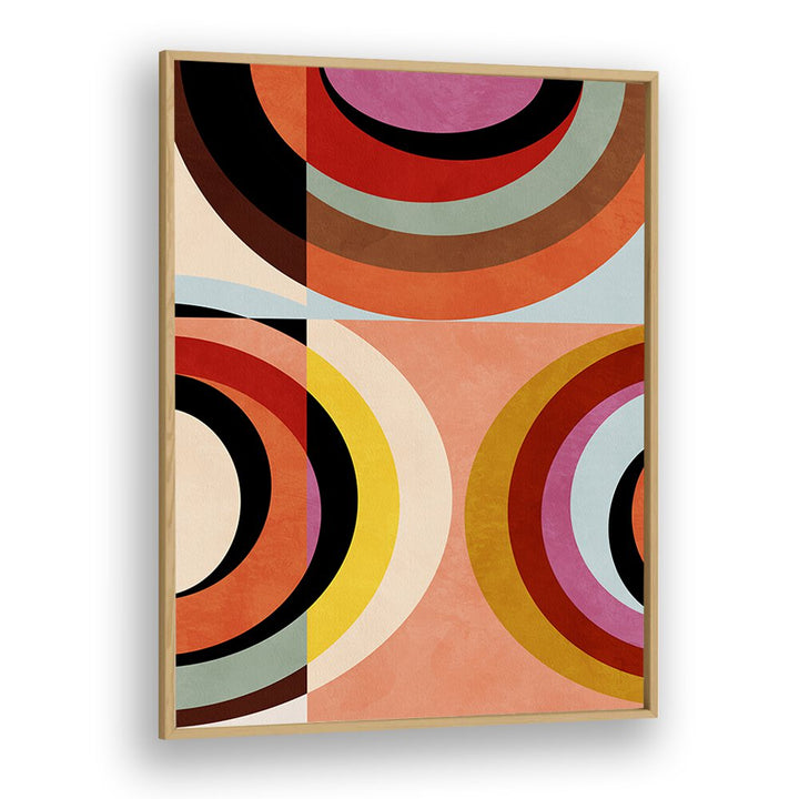 Warm Colors Bauhaus Geometry III, abstract paintings by Ana Rut Bre, showcases vibrant circles in a modern frame.