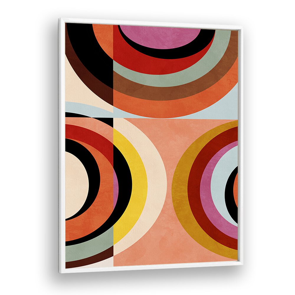 Warm Colors Bauhaus Geometry III, abstract paintings featuring vibrant circles, beautifully framed by Ana Rut Bre.