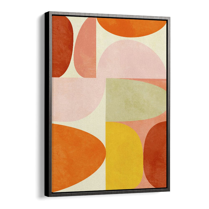 Warm Pastel Geometry II, abstract paintings by Ana Rut Bre, features vibrant shapes in a stylish black floater frame.