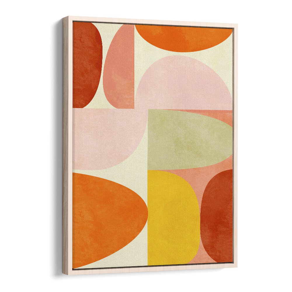 Elevate your decor with WARM PASTEL GEOMETRY II, ABSTRACT PAINTINGS by Ana Rut Bre, showcasing vibrant geometric shapes.