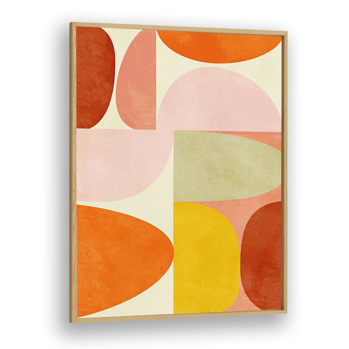 Warm Pastel Geometry II, abstract paintings by Ana Rut Bre, features vibrant shapes in a stylish oak frame.