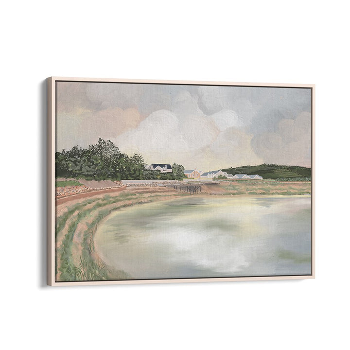 Serene landscape painting in oak wood frame, part of the WATCH HER RISE, LANDSCAPE PAINTINGS collection.