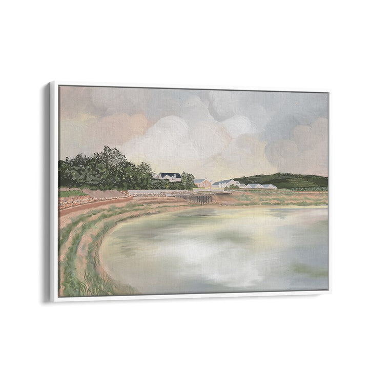 Serene scene from WATCH HER RISE, LANDSCAPE PAINTINGS, showcasing nature's beauty in a white floater frame.