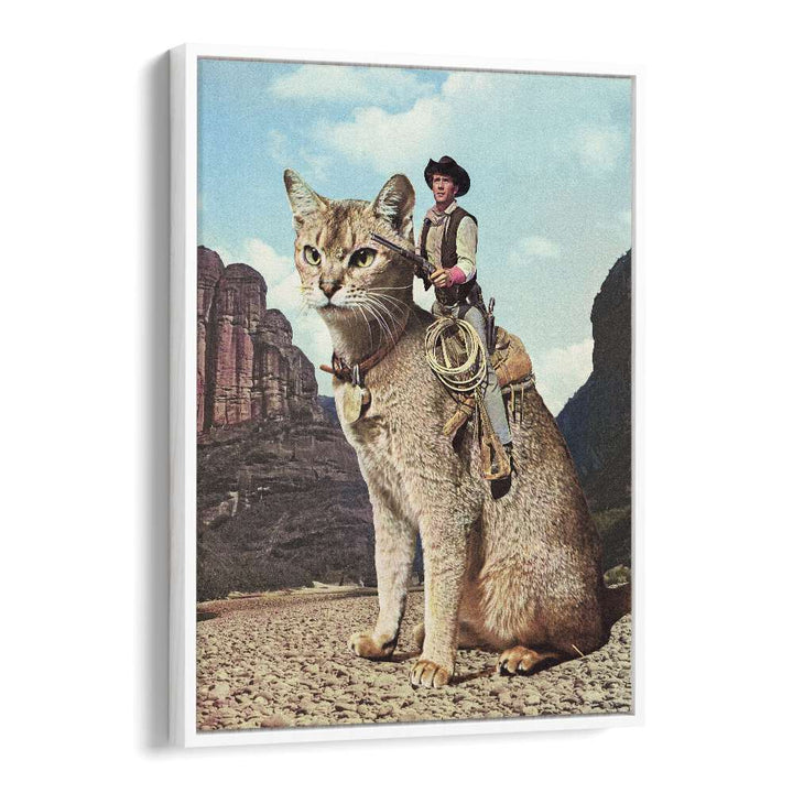 Cat Lone Ranger, surreal art prints featuring a cowboy riding a giant cat, perfect for unique home decor by Vertigo Artography.