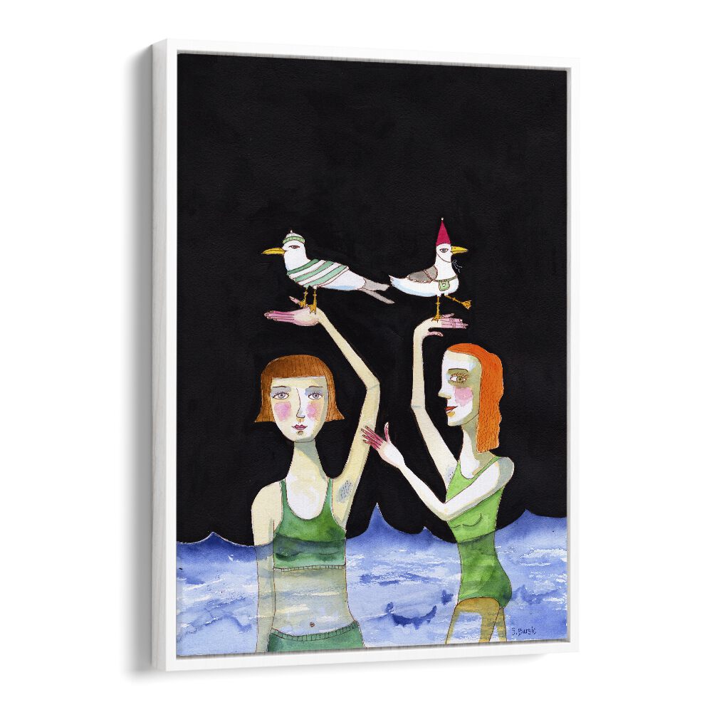 Artistic piece "BEST FRIENDS SWIMMING WITH BIRDS" showcases two friends in water with playful birds, by Sharyn Bursic.