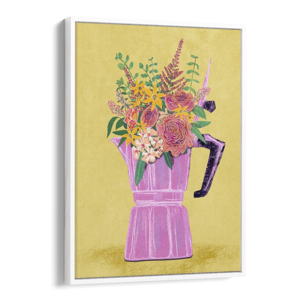 Bright floral painting featuring an espresso maker, perfect for elevating your space with nature's beauty.