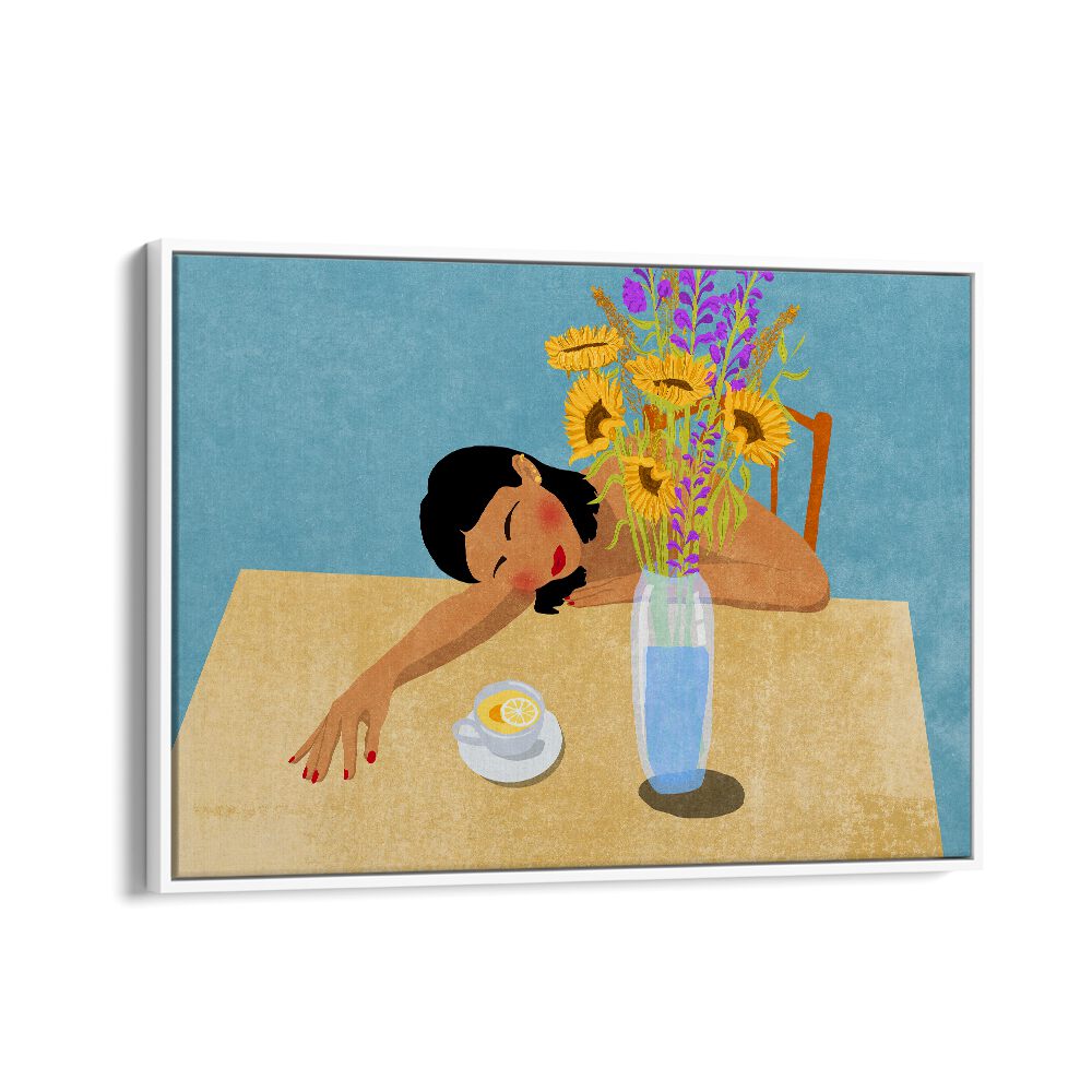 Vibrant "Day Dreaming" art print featuring a woman at a table with flowers, perfect for brightening your space.