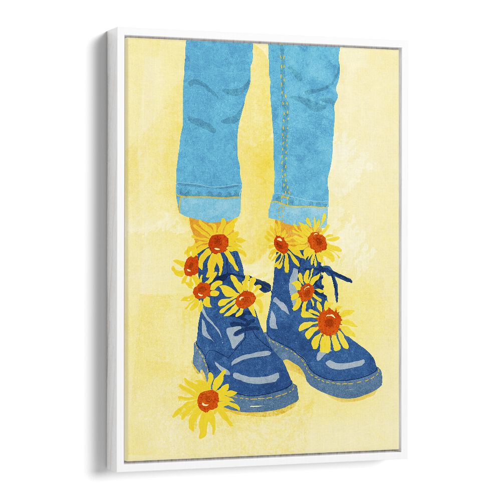 Colorful SUNFLOWER WALK, FASHION POSTERS featuring boots adorned with vibrant flowers, perfect for any stylish decor.