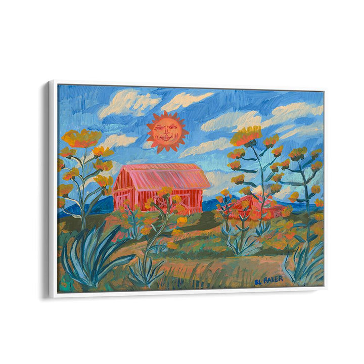 Vibrant SUNNY FARM PRINT, LANDSCAPE PAINTINGS showcasing a charming red barn and blooming flowers under a sunny sky.