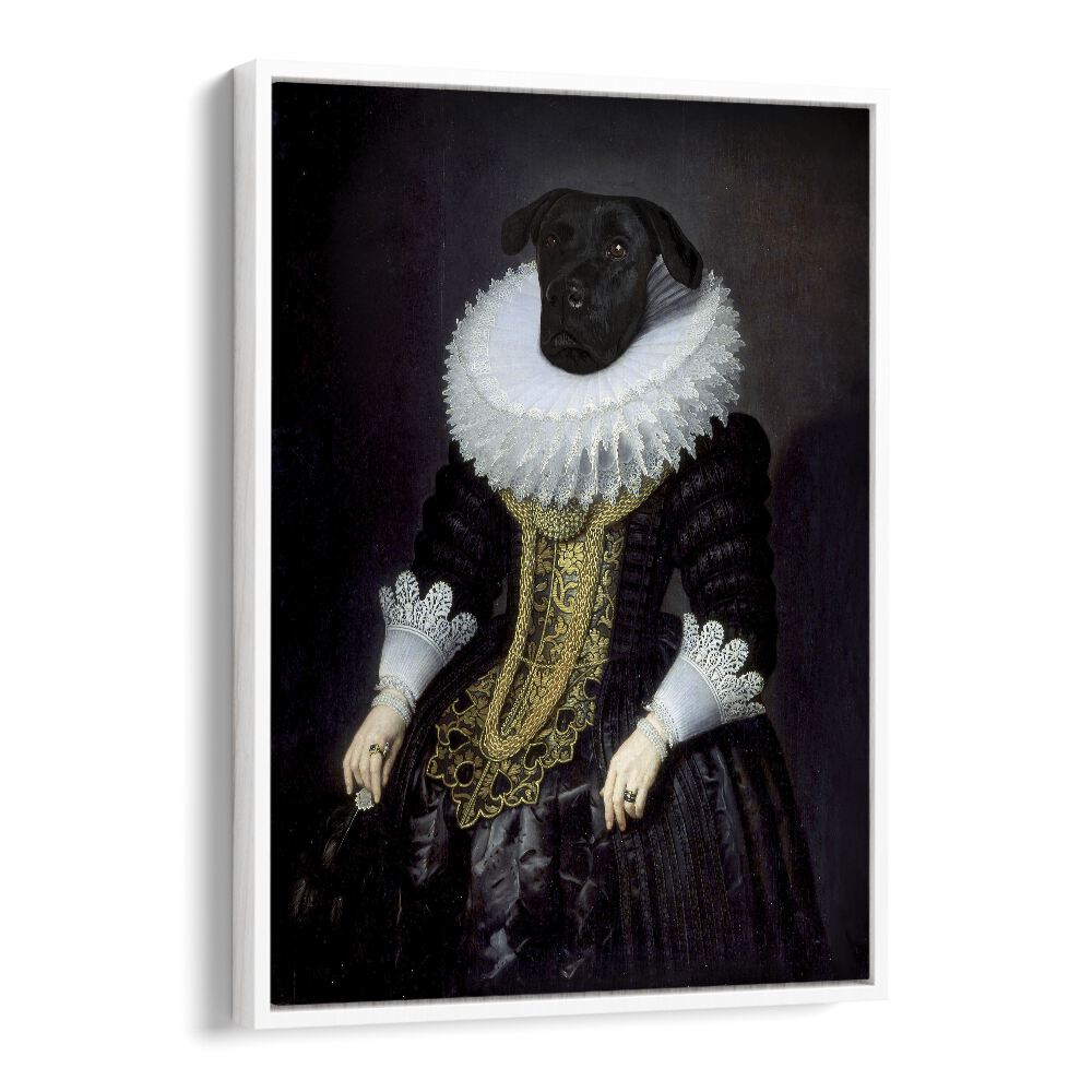 Whimsical ANOUK, ANIMAL PAINTINGS featuring a dog in regal attire, perfect for adding elegance to your home decor.
