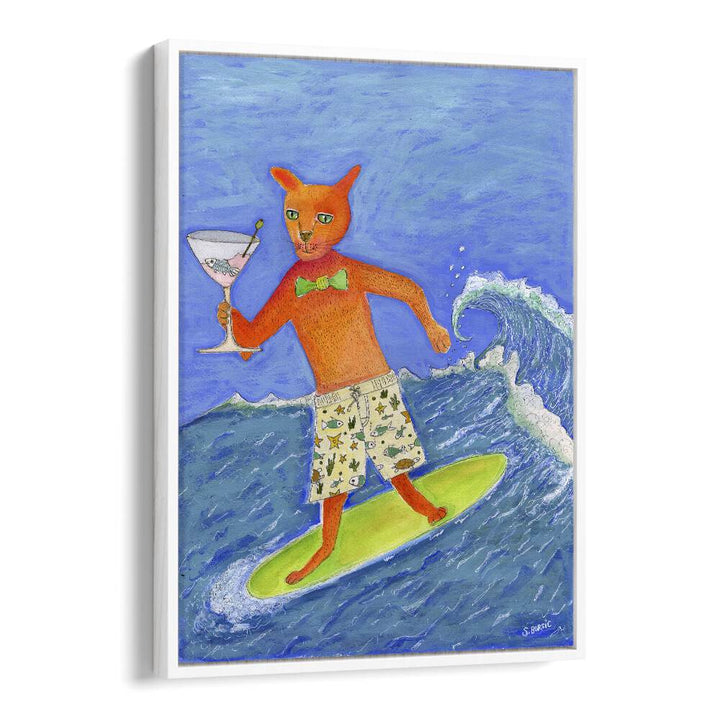 Surfing Cocktail Cat by Sharyn Bursic showcases a whimsical cat enjoying a cocktail while surfing the waves.