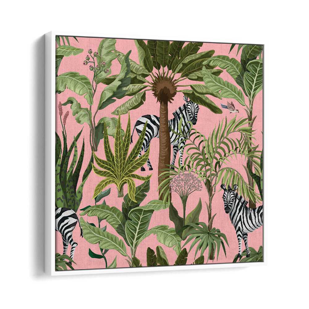 Colorful jungle scene featuring zebras, perfect for fans of ROAMING WITH ZEBRAS, ANIMAL PAINTINGS. Ideal for wildlife lovers.
