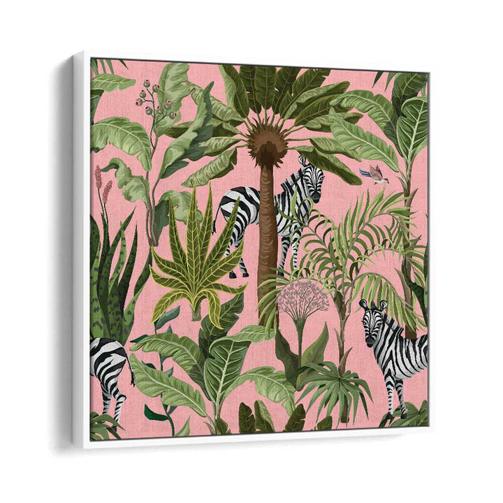 Colorful jungle scene featuring zebras, perfect for fans of ROAMING WITH ZEBRAS, ANIMAL PAINTINGS. Ideal for wildlife lovers.