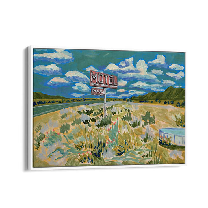 MOTEL, LANDSCAPE PAINTINGS showcase a vibrant scene with a vintage motel sign against a serene natural backdrop.