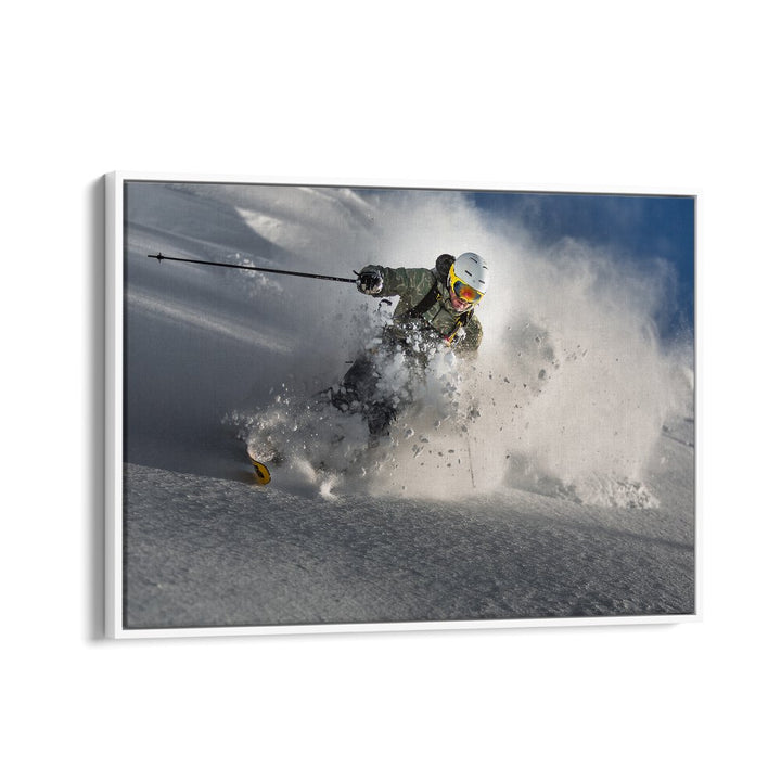 Dynamic skier carving through fresh powder, showcasing the thrill of movement with GO FOR IT, PHOTOGRAPHY PRINTS.