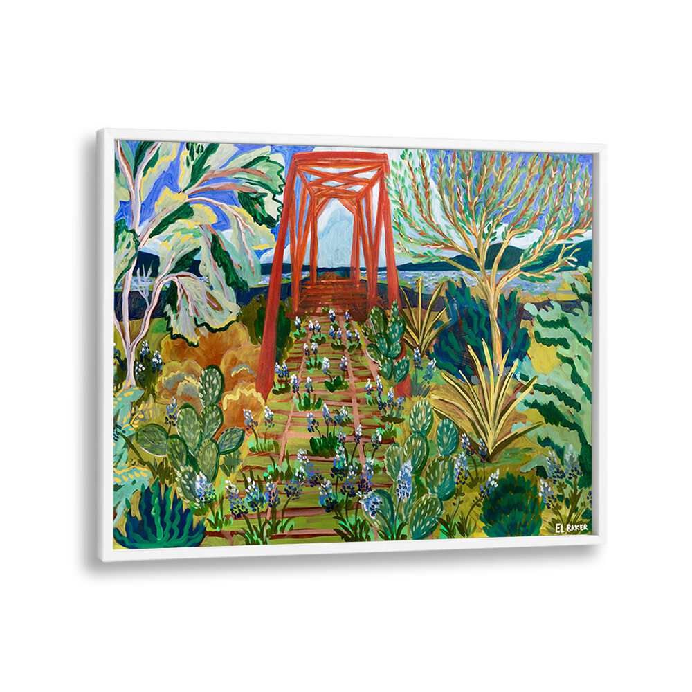 Vibrant TEXAS HILL COUNTRY BRIDGE, LANDSCAPE PAINTINGS showcasing flora and a rustic bridge in a colorful setting.