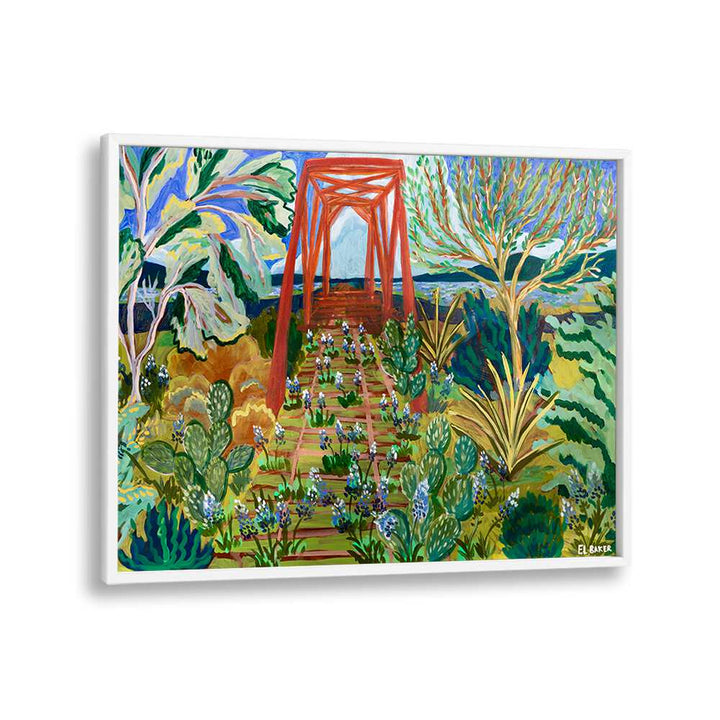 Vibrant TEXAS HILL COUNTRY BRIDGE, LANDSCAPE PAINTINGS showcasing flora and a rustic bridge in a colorful setting.