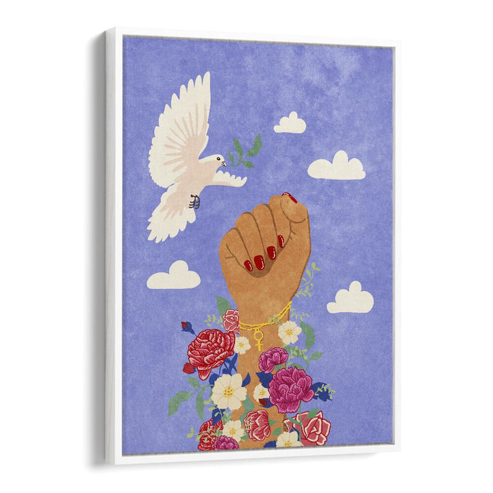 Empower your space with FEMINIST FIST, FASHION POSTERS by Raissa Oltmanns, featuring a vibrant fist and dove design.