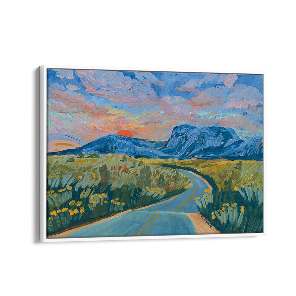 Vibrant sunset over winding road and majestic mountains in BLUE MOUNTAIN HIGHWAY, LANDSCAPE PAINTINGS collection.