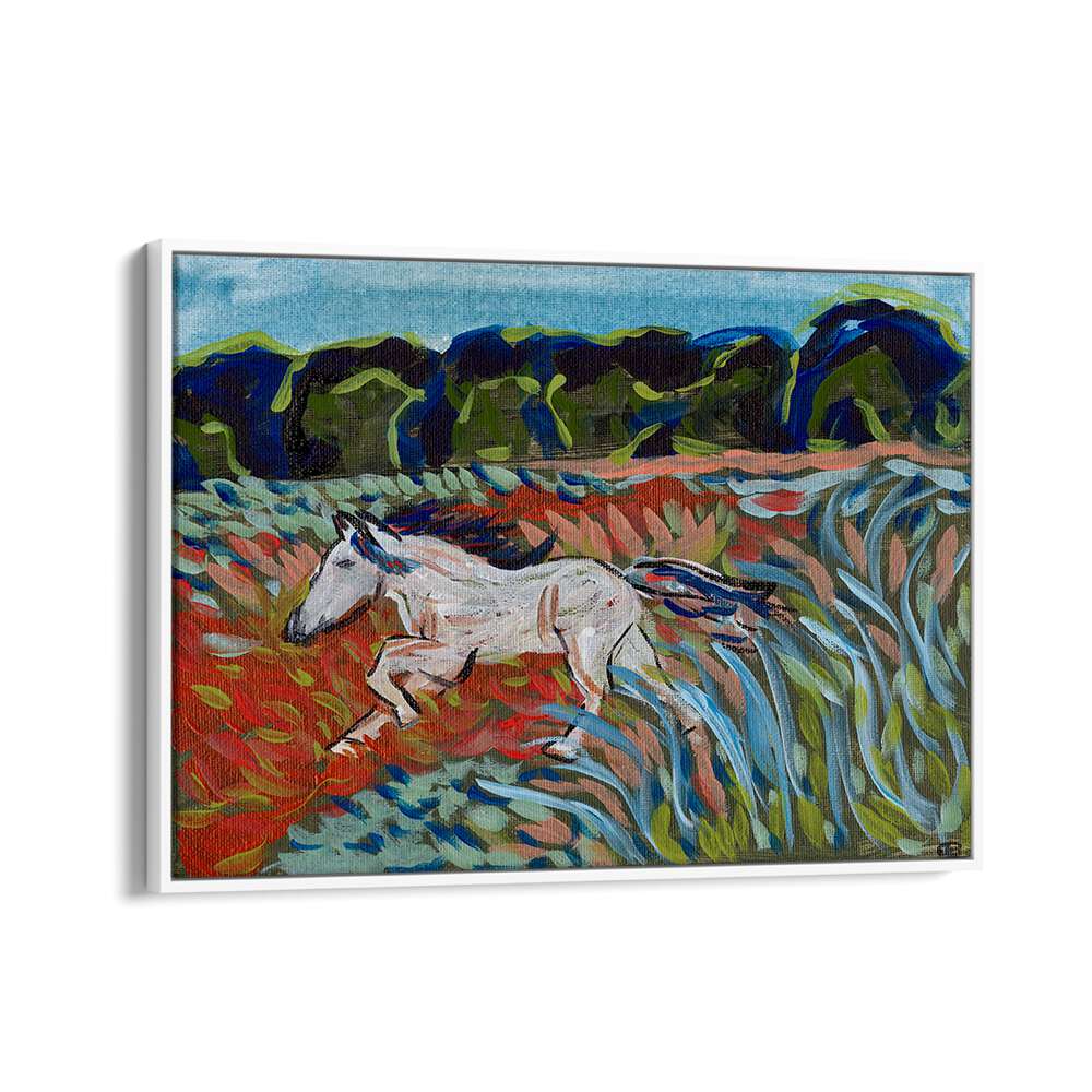 Stunning MOUNTAIN HORSE, LANDSCAPE PAINTINGS showcasing a white horse in vibrant nature, perfect for art lovers.