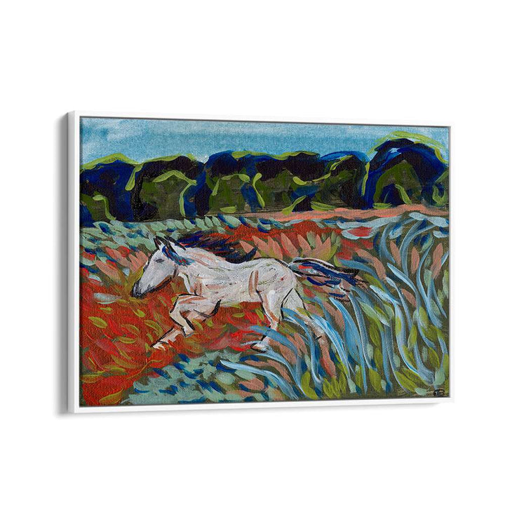 Stunning MOUNTAIN HORSE, LANDSCAPE PAINTINGS showcasing a white horse in vibrant nature, perfect for art lovers.