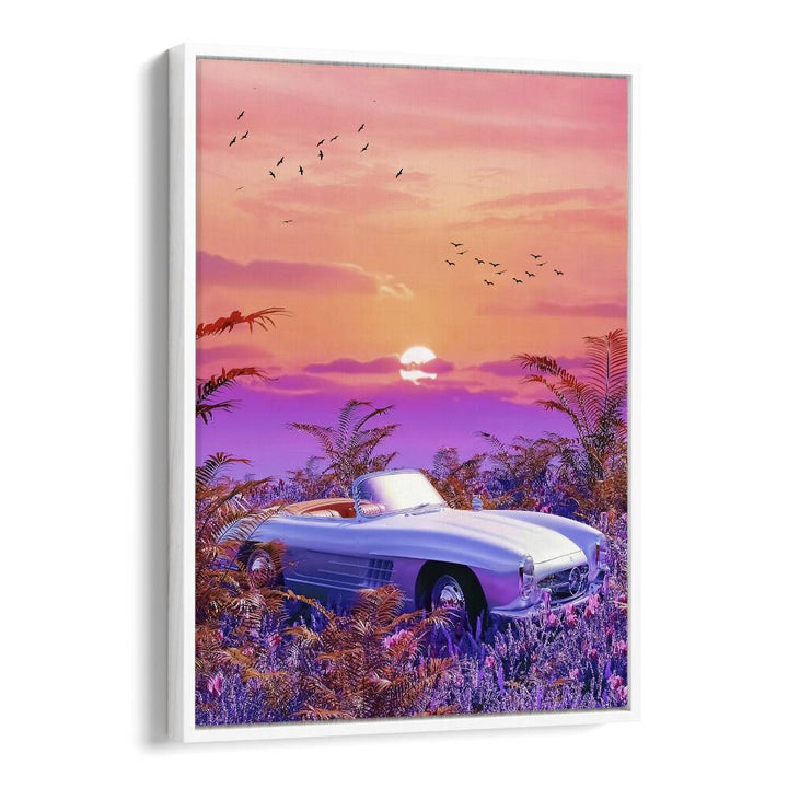 VINTAGE PARADISE, SURREAL ART PRINTS showcase a dreamlike scene with a classic car amidst vibrant colors and nature.