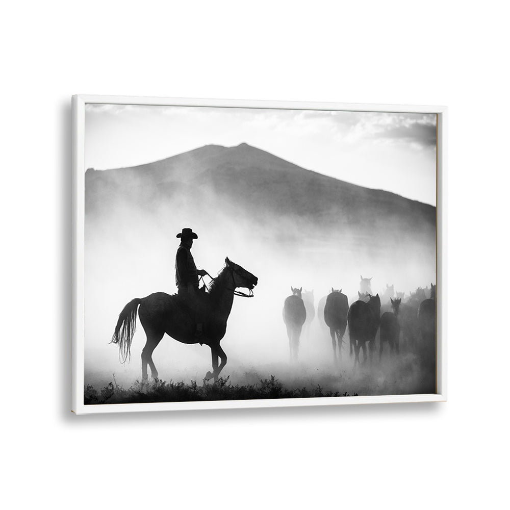 Majestic cowboy riding through misty landscapes in "HIS TERRITORY! , PHOTOGRAPHY PRINTS" collection.
