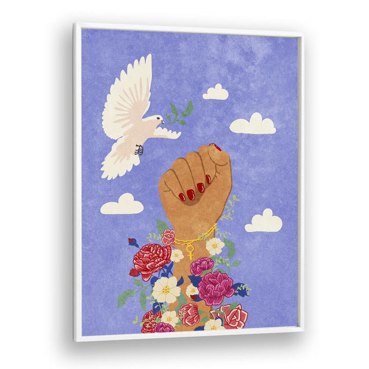 FEMINIST FIST, FASHION POSTERS showcase a powerful fist surrounded by flowers and a dove, inspiring inner strength.