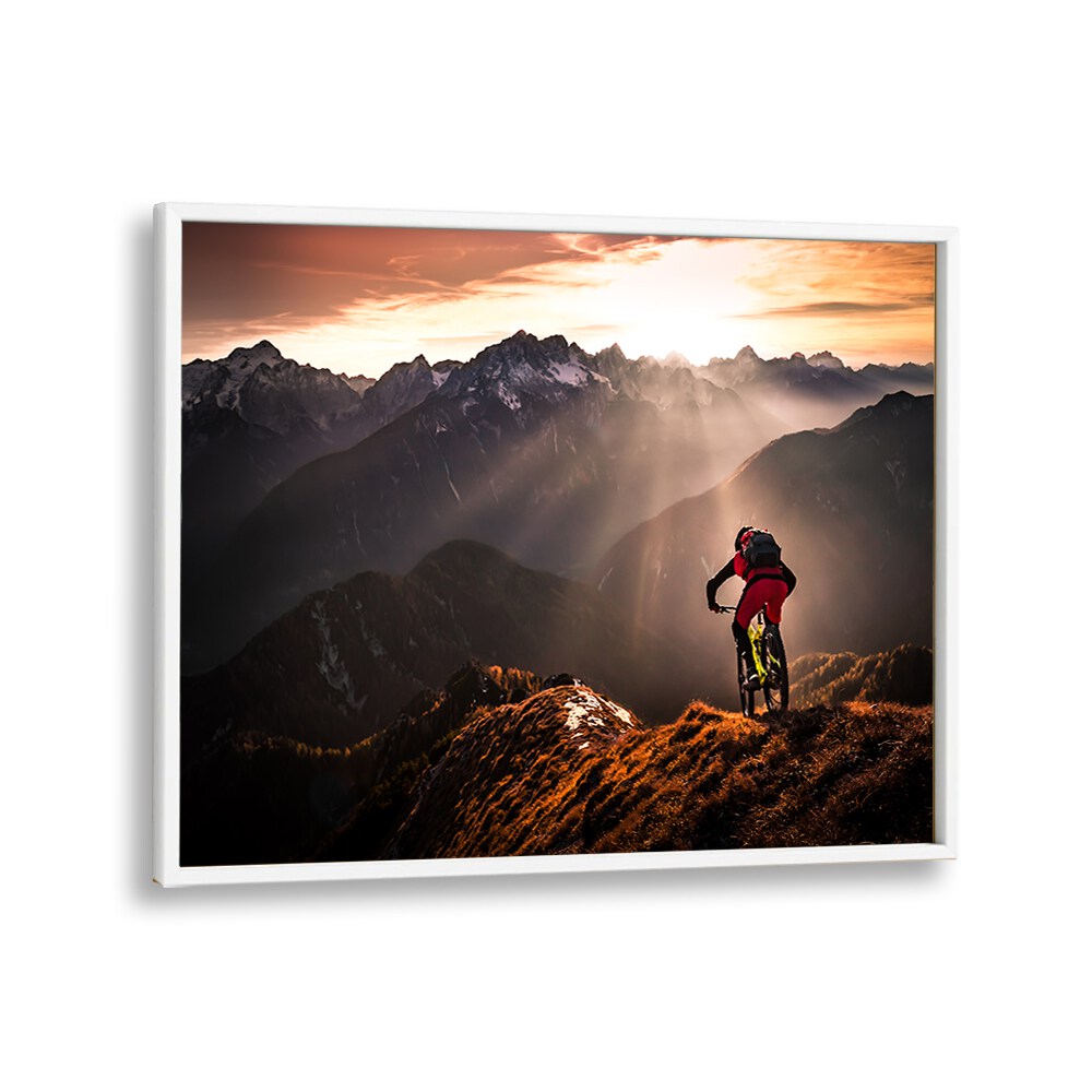 Stunning landscape featuring a cyclist against majestic mountains, showcasing JUST RIDE, PHOTOGRAPHY PRINTS.