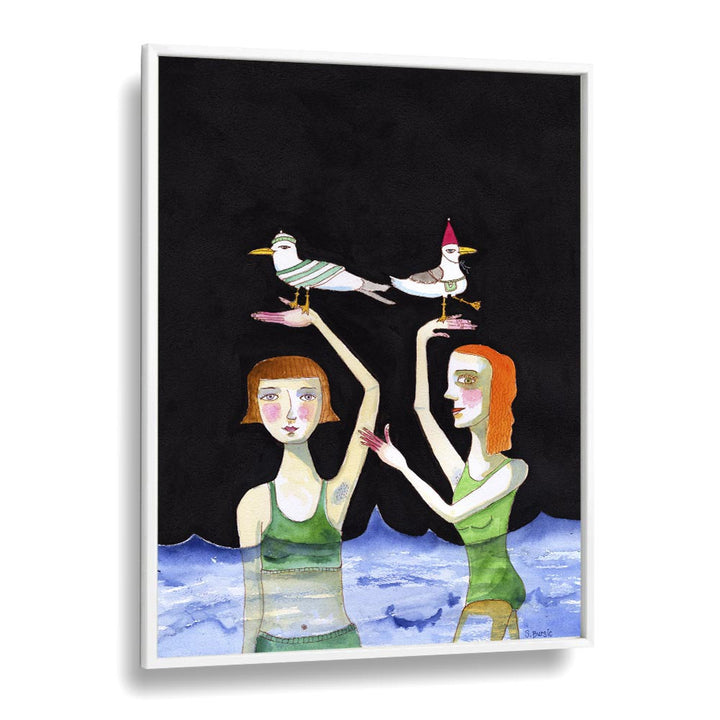 Artistic masterpiece "BEST FRIENDS SWIMMING WITH BIRDS" by Sharyn Bursic, featuring whimsical women and birds.