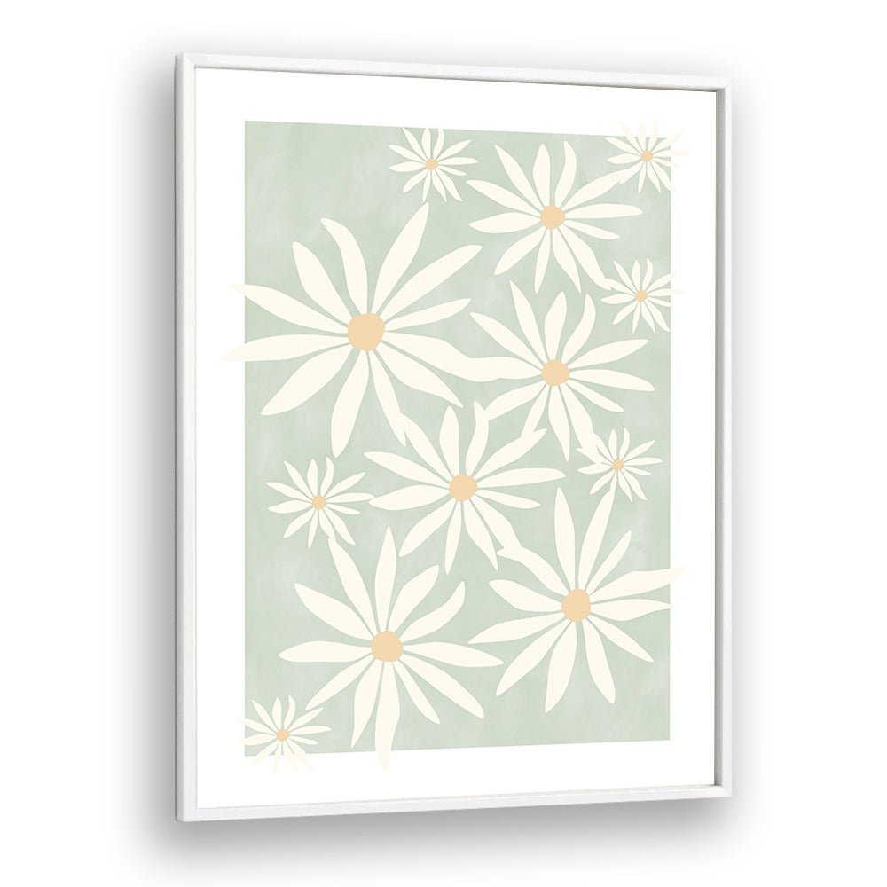 Transform your space with GREEN FLOWERS, FLORAL FLOWER PAINTINGS featuring enchanting white daisies on a soft green background.