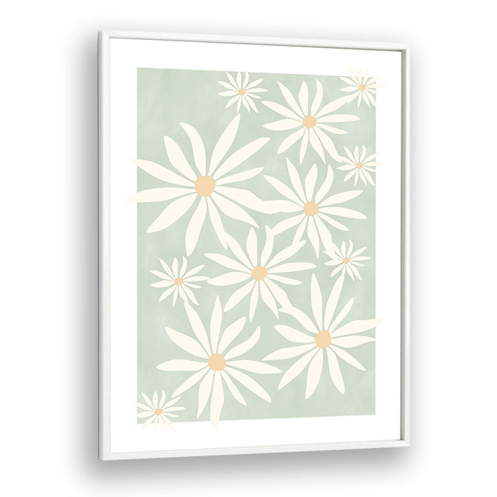 Transform your space with GREEN FLOWERS, FLORAL FLOWER PAINTINGS featuring enchanting white daisies on a soft green background.